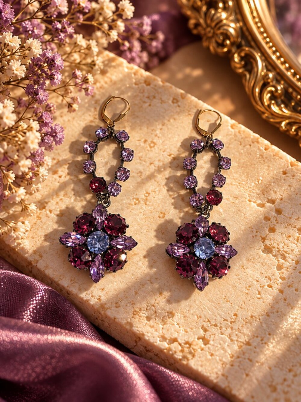 Vintage Purple Rhinestone Flower Dangle Earrings Leverback